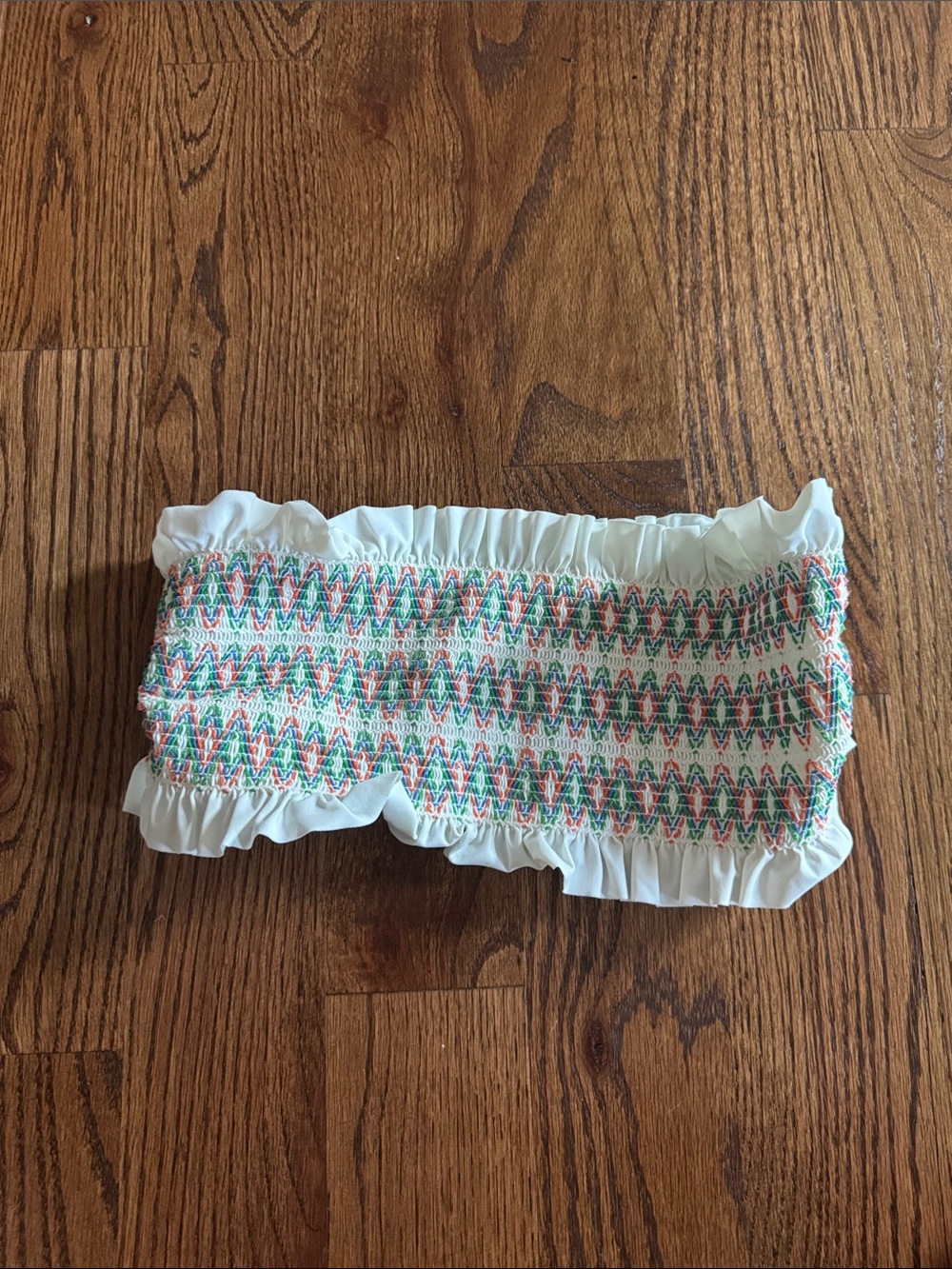 Tort Burch White Smocked Ruffle  Bandeau Top with Multicolor Stitching / size S